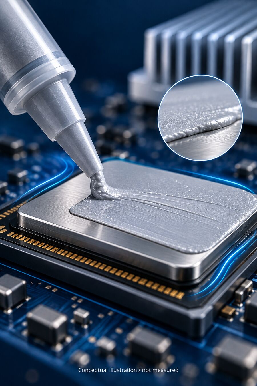 Conceptual illustration of thermal paste heat transfer; not measured test data